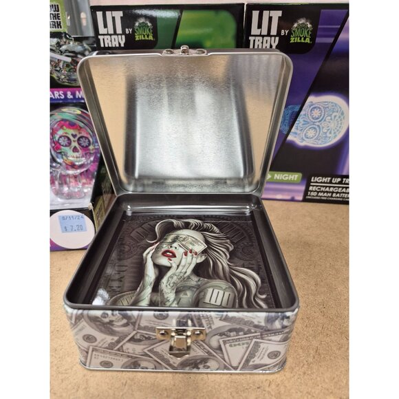 Tattooed Money-Themed Metal Storage Box W/ Removable Tray For Jewelry Keepsakes - Picture 3 of 8